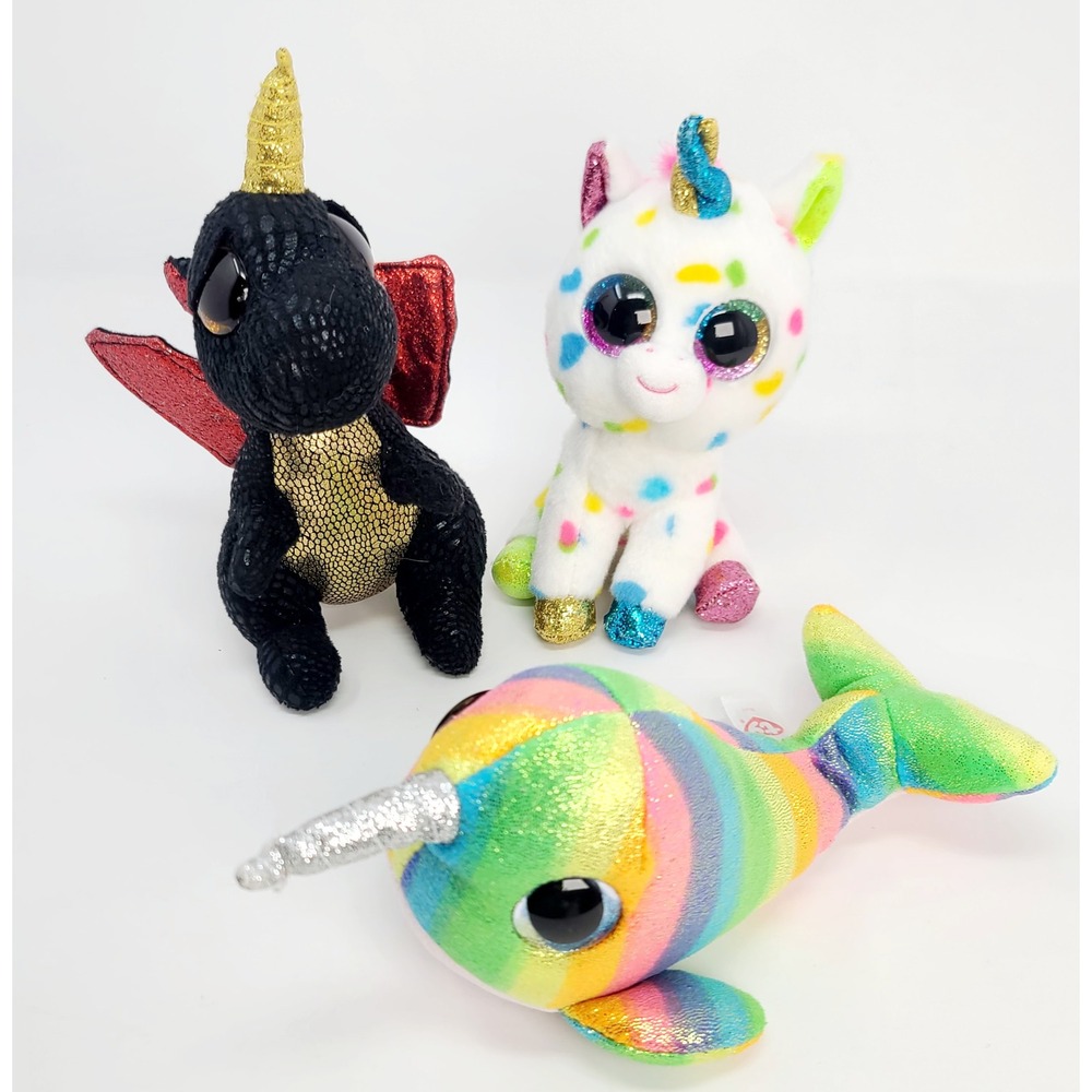 Ty Beanie Boos Plush Lot of 3 Grindal Dragon Calypso Narwhal Harmonie Unicorns